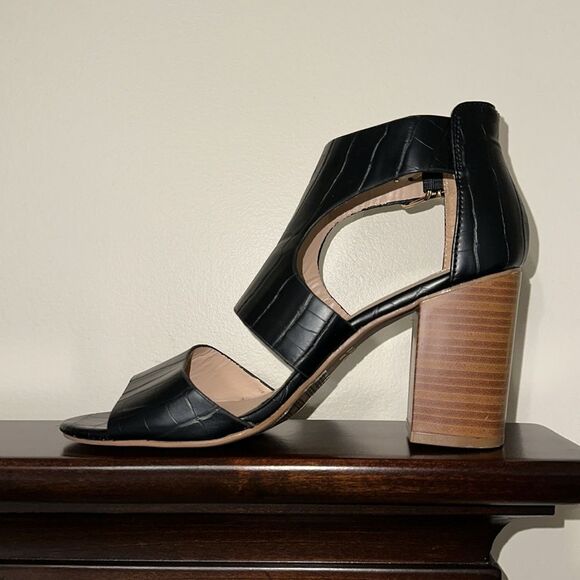 PRIMARK Black Pebbled Leather Gold Tone Buckle Brown Stacked Block Heel Sandals - Picture 6 of 12